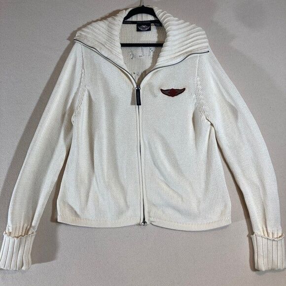 Vtg Y2K 2004 Harley Davidson‎ Women 2X Chunky Knit Ivory Spell Out Back Full Zip - Picture 1 of 15